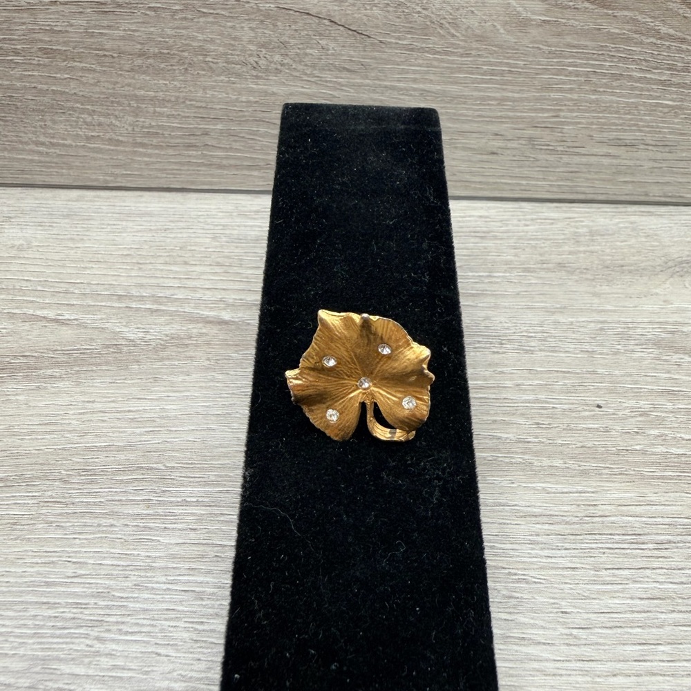 Gold Tone Leaf Brooch with Rhinestones
